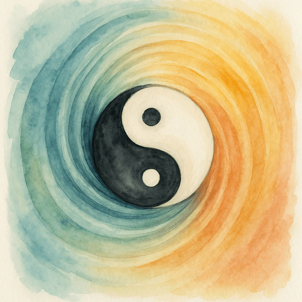 A watercolor illustration of the yin-yang symbol, featuring a black and white circle with swirling blue and orange backgrounds, representing harmony and balance.